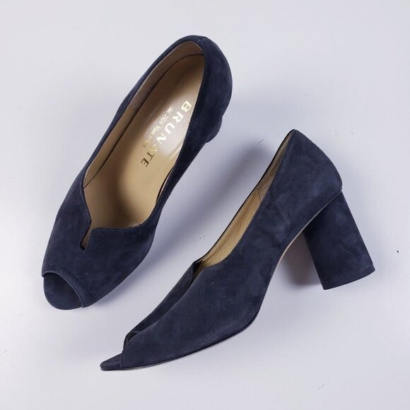 Brunate Womens Dark Blue Peep Toe Slip On Pump Circular Heel Size 8 EU 38.5 - Picture 1 of 9
